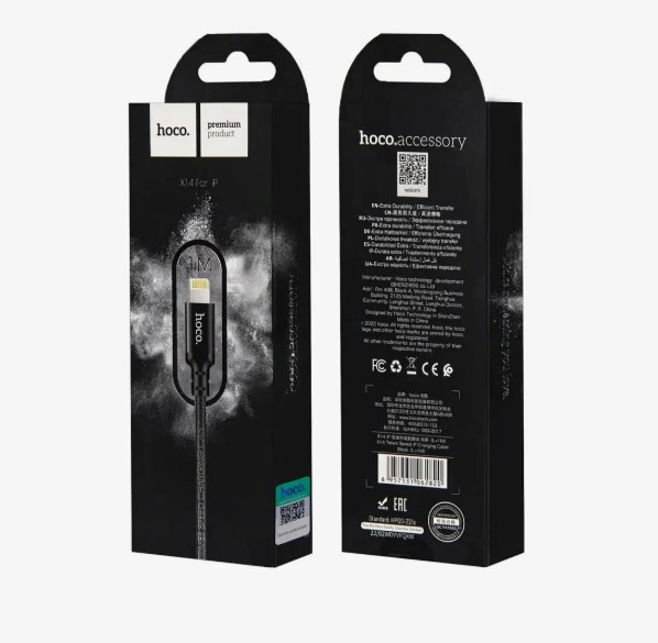 Дата-кабель универ. lightning USB / Iphone 1м, 2.4А, нейлоновая оплетка, черный HOCO X14 2820